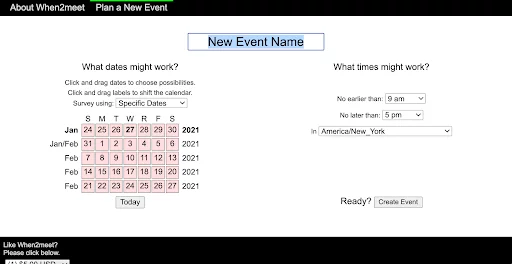 Enter event name When2Meet